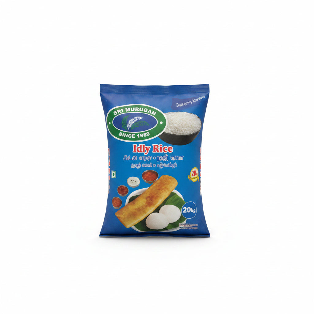 Advertisement for Idly Rice with text 'Where Purity Meets Flavor' and product image on a blue background.